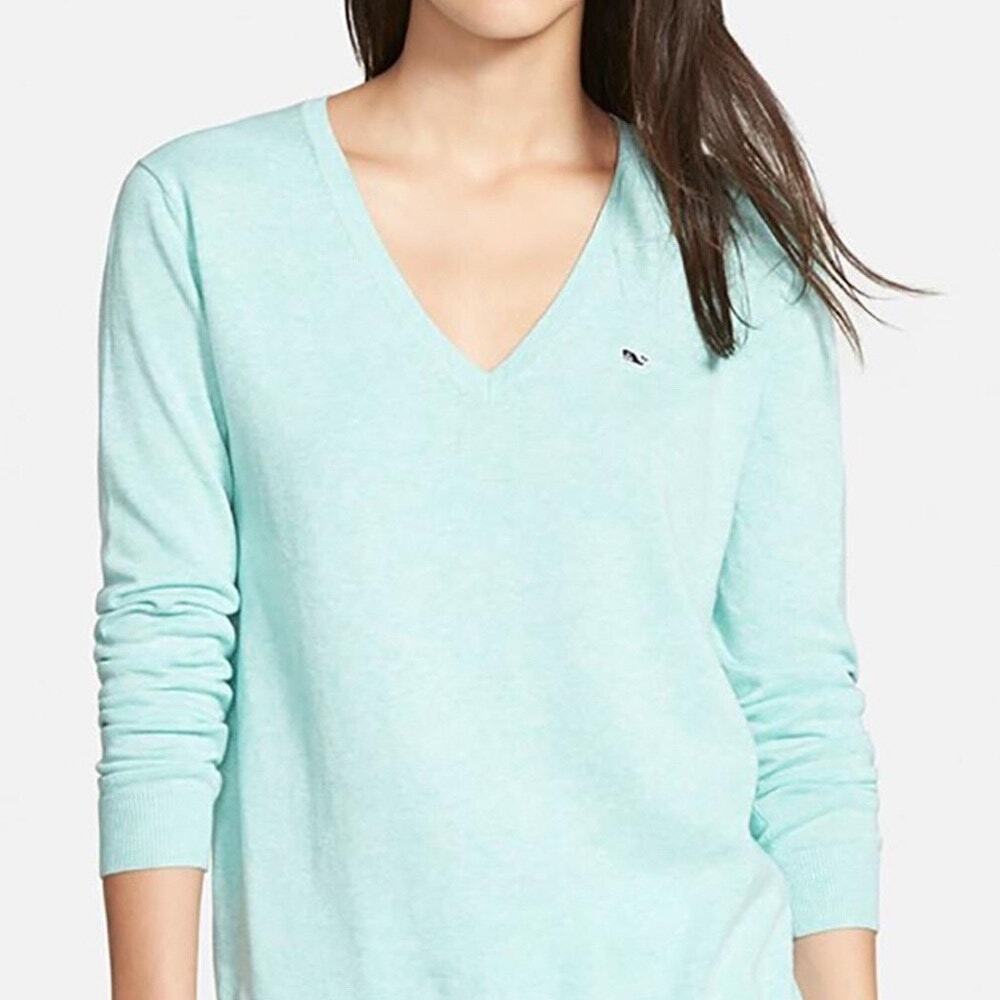 Vineyard Vines Pullover Sweater Womens L Heather Mint Green V-Neck Classic Logo